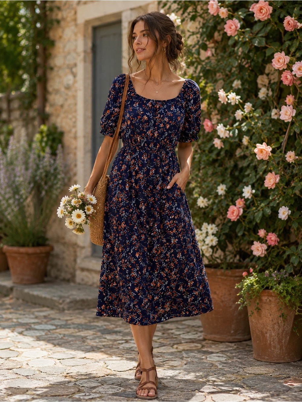 BLOOMCHIC Floral Midi Dress Pockets Cottagecore 10